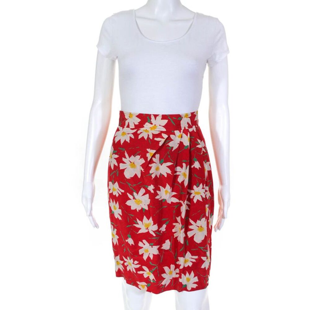 Ungaro Womens Floral Mini Pencil Skirt Red Silk Size 4 LL19LL - Picture 1 of 5